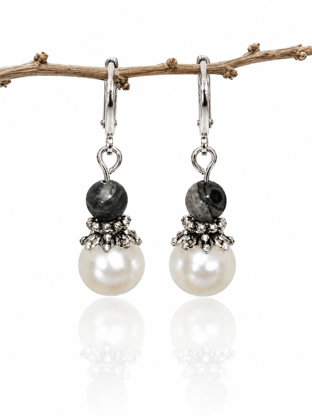Silver Pearl Dangle Earrings Gray Marbled Beads Elegant Romantic Style